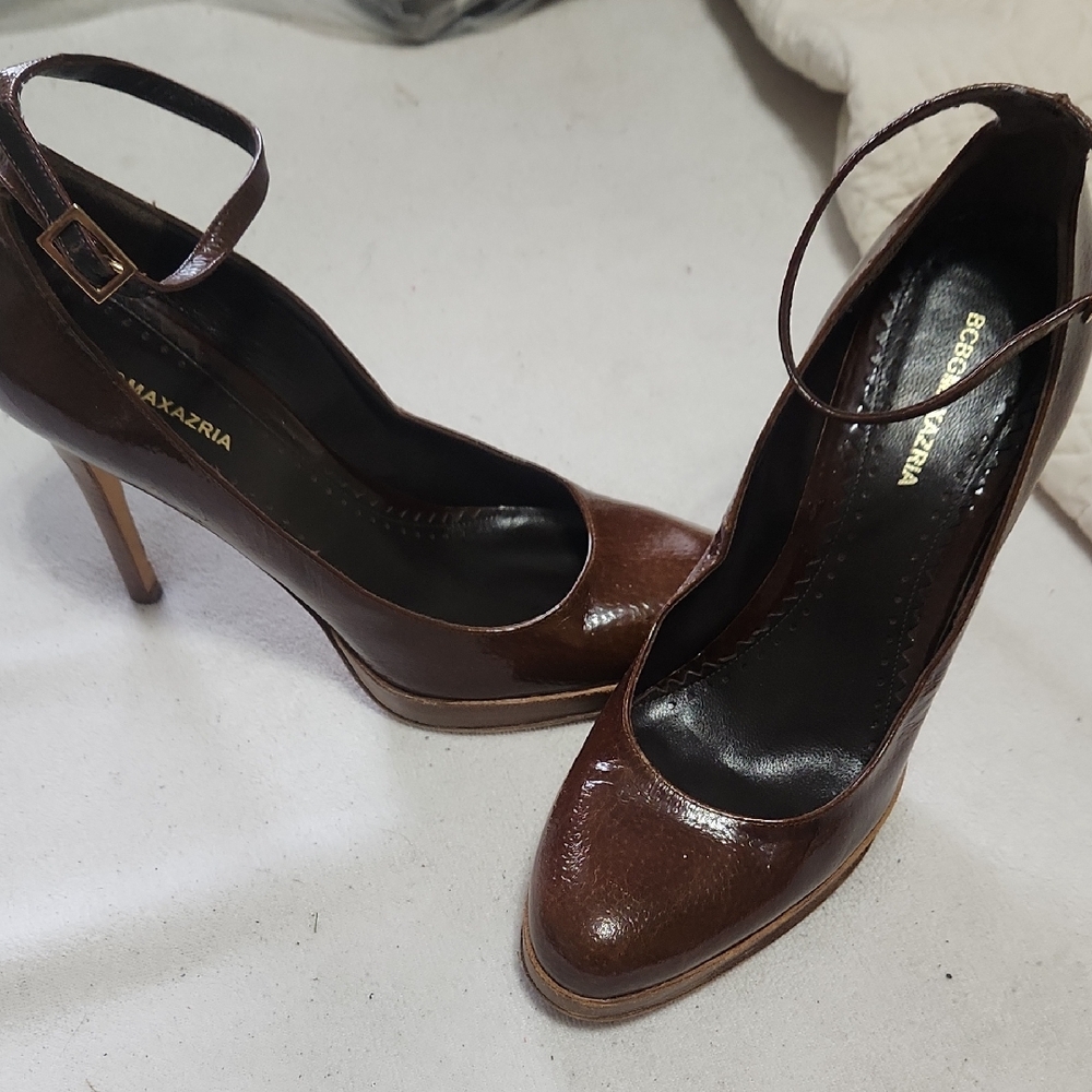 BCBGMaxAzria Brown Patent Leather Ankle-Strap Pumps